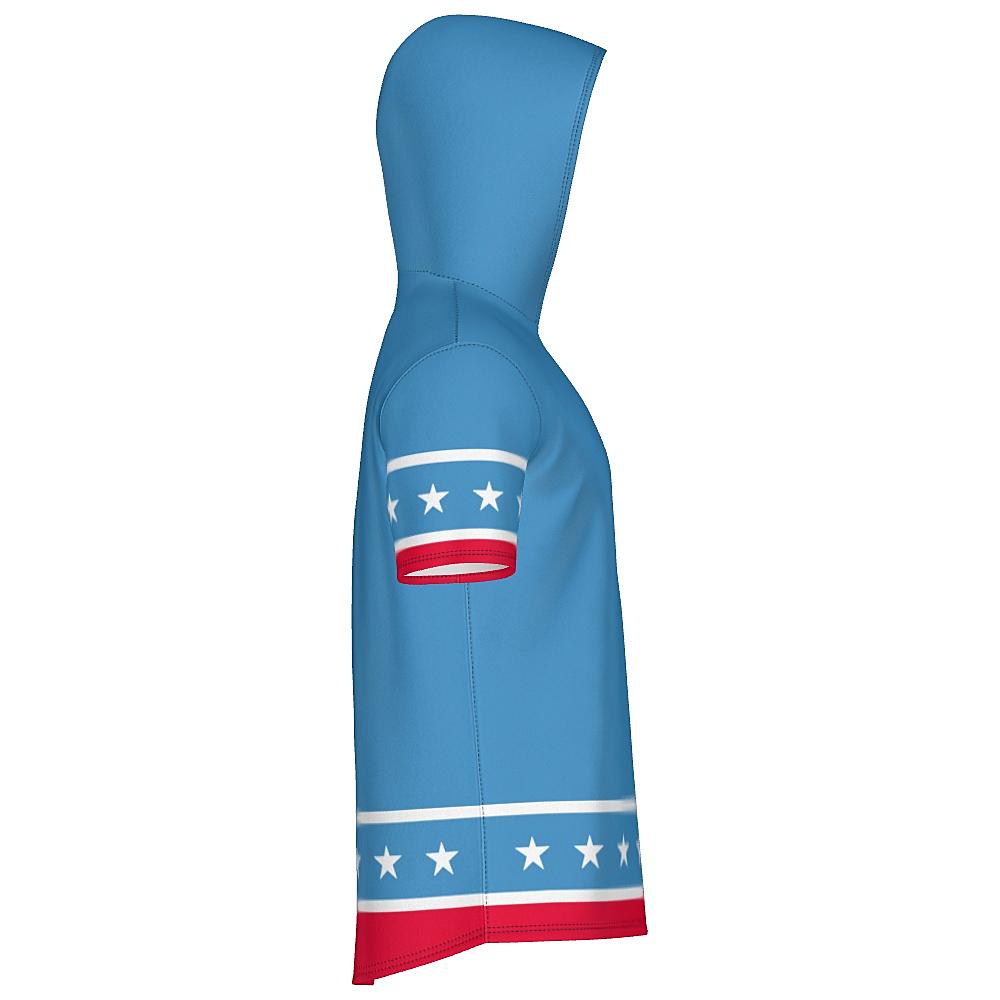 Blue short-sleeve hoodie with white stars and red stripes on a white background