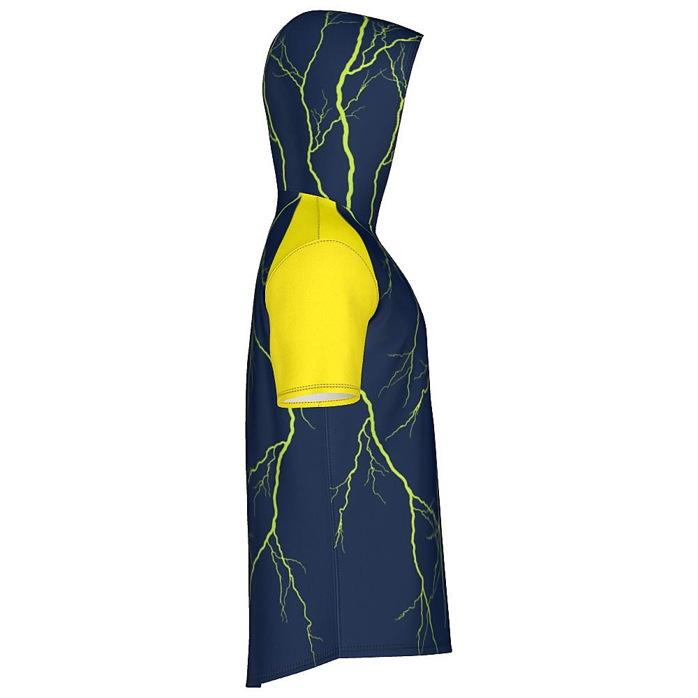Navy short-sleeve hoodie with yellow sleeves and lightning design on a white background