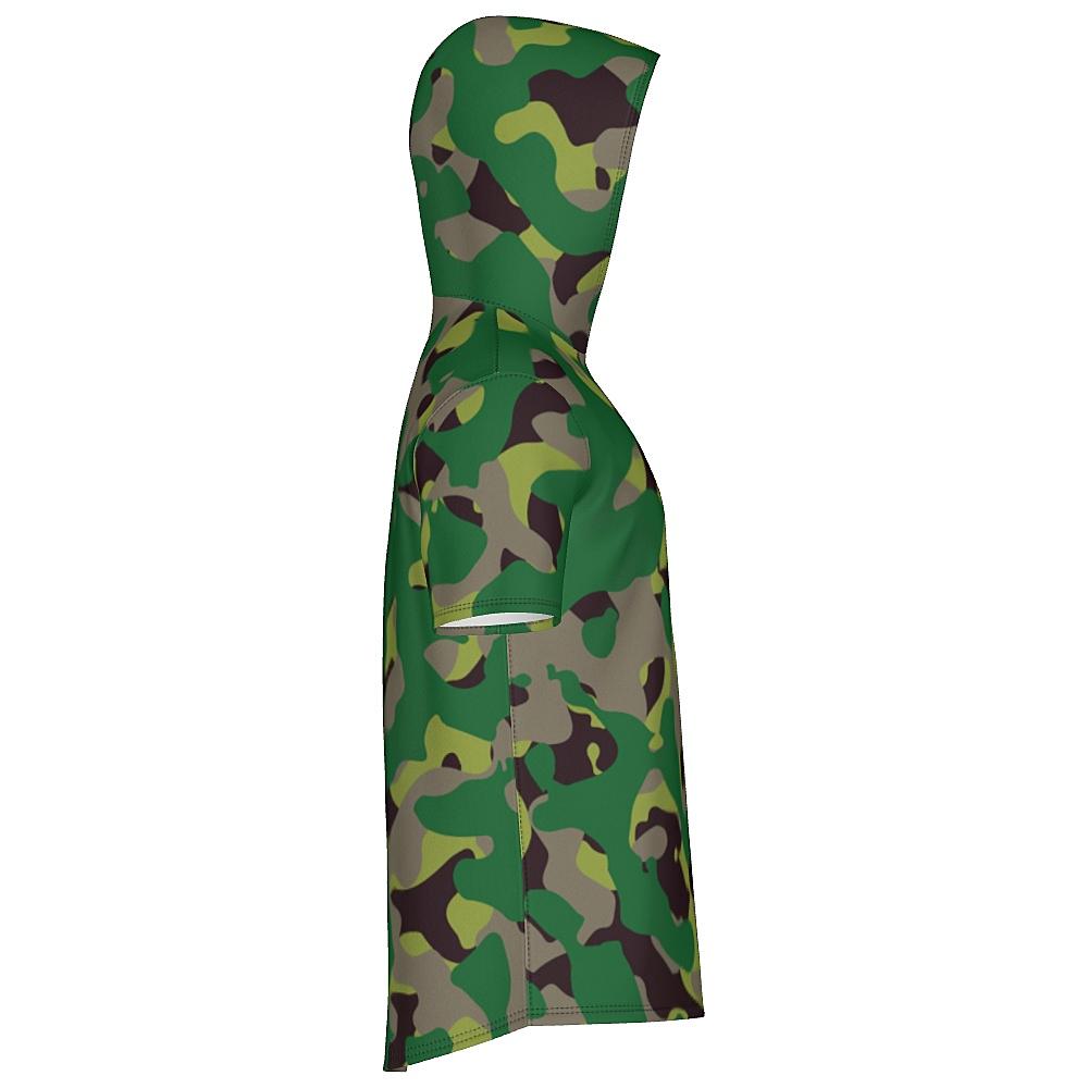 Short-sleeve hoodie with green camouflage design on a white background