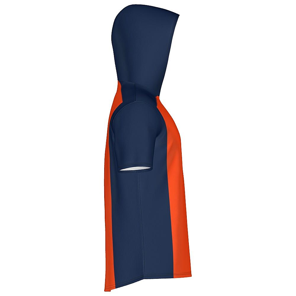 Orange short-sleeve hoodie with navy sides and hood on a white background