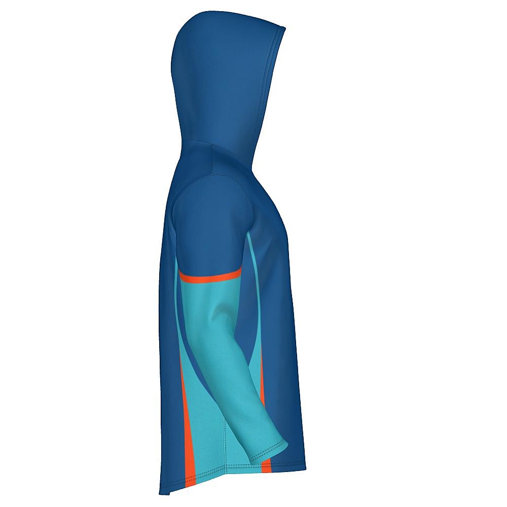 Blue hoodie with teal and orange accents on a white background