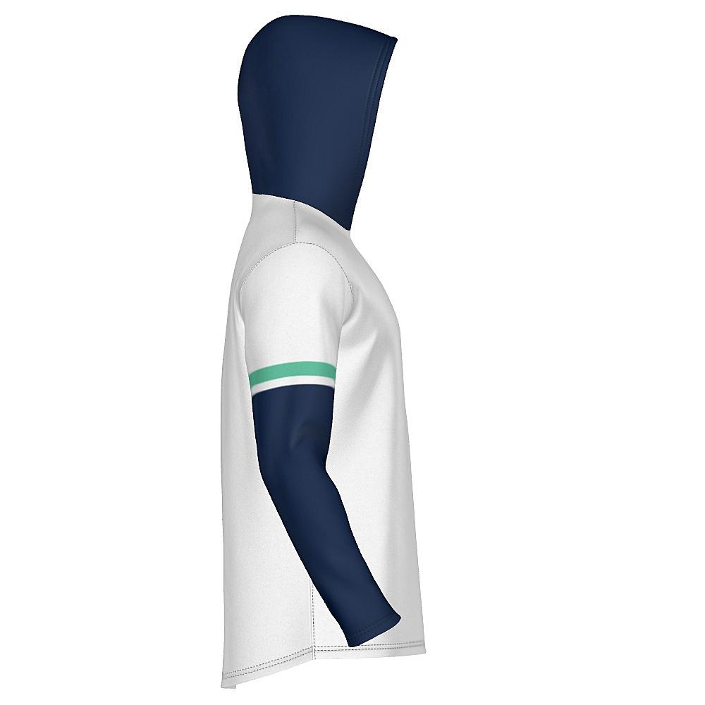 White long-sleeve hoodie with navy and green accents on a white background