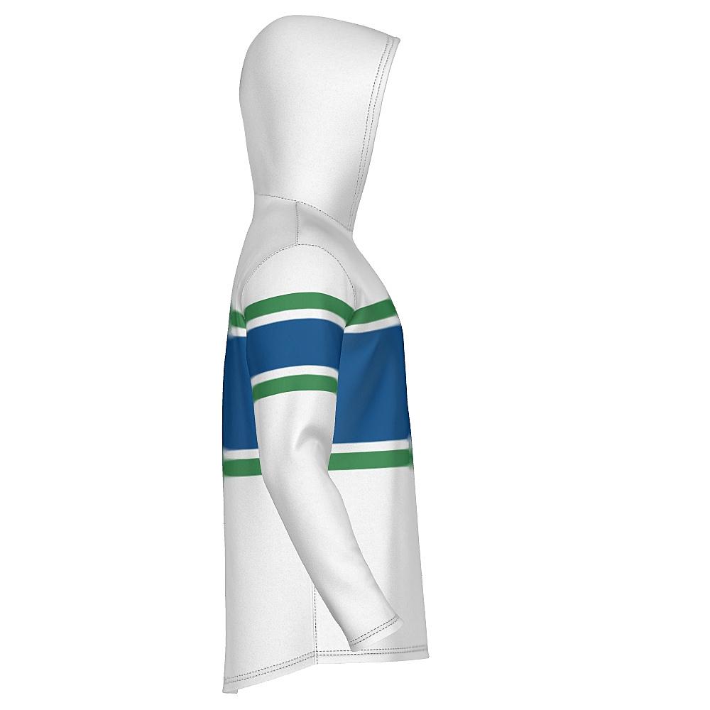 White, blue and green hoodie on a white background