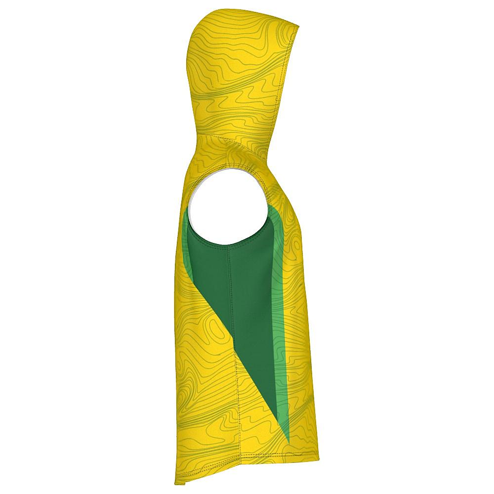 Yellow sleeveless hoodie with topography design and green accents on a white background