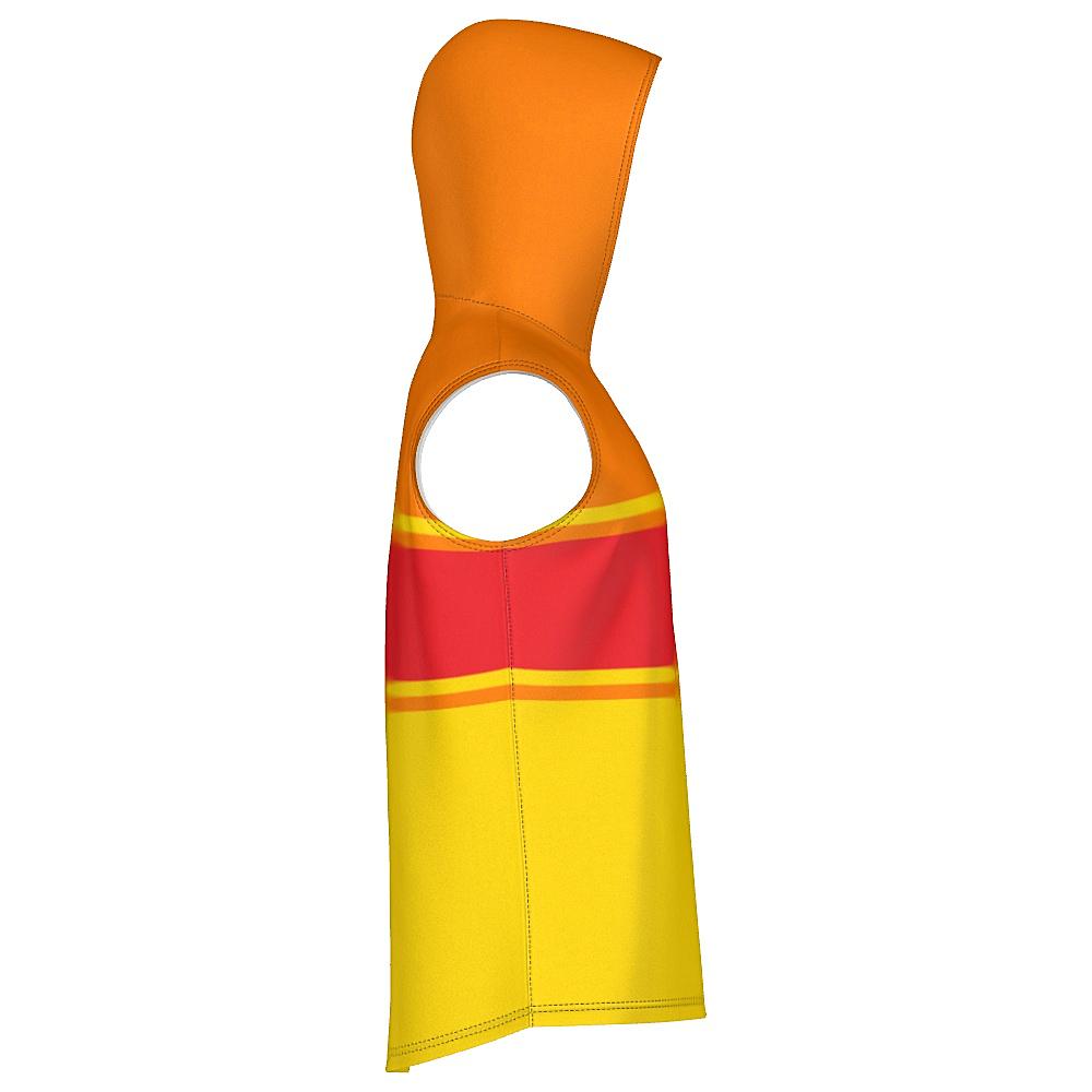 Red, orange and yellow sleeveless hoodie on a white background