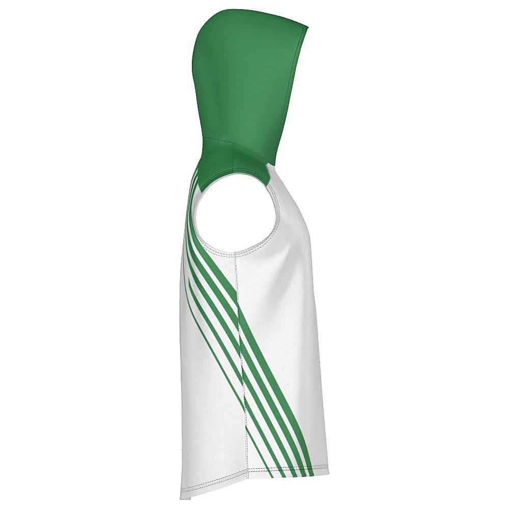 White sleeveless hoodie with green accents on a white background