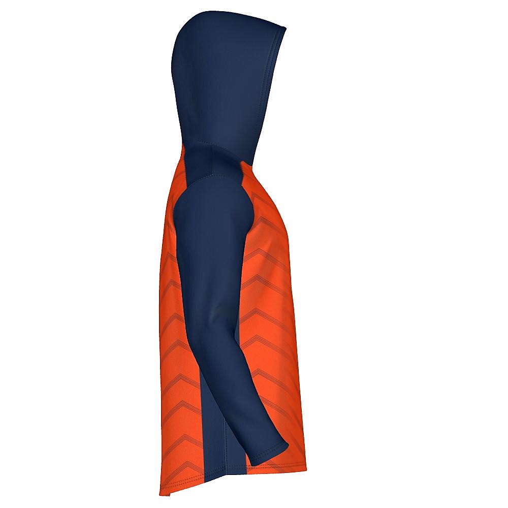 Orange hoodie with navy accents and chevron design on a white background