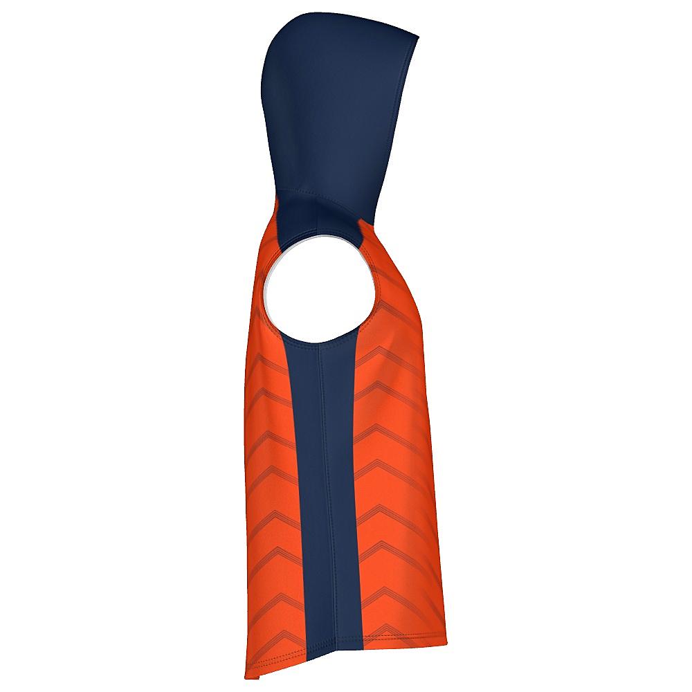 Orange sleeveless hoodie with navy accents and chevron design on a white background