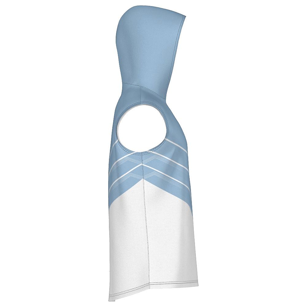 Blue and white sleeveless hoodie with chevron design on a white background