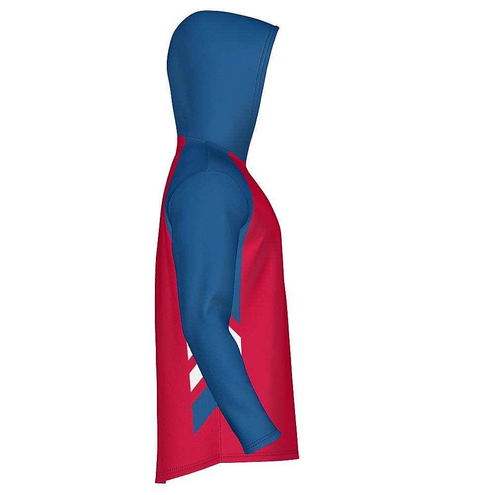 Red hoodie with blue and white accents on a white background