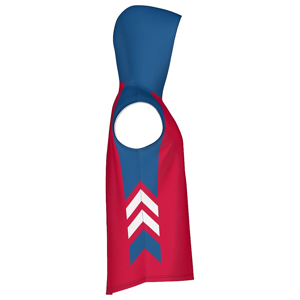 Red sleeveless hoodie with blue and white accents on a white background