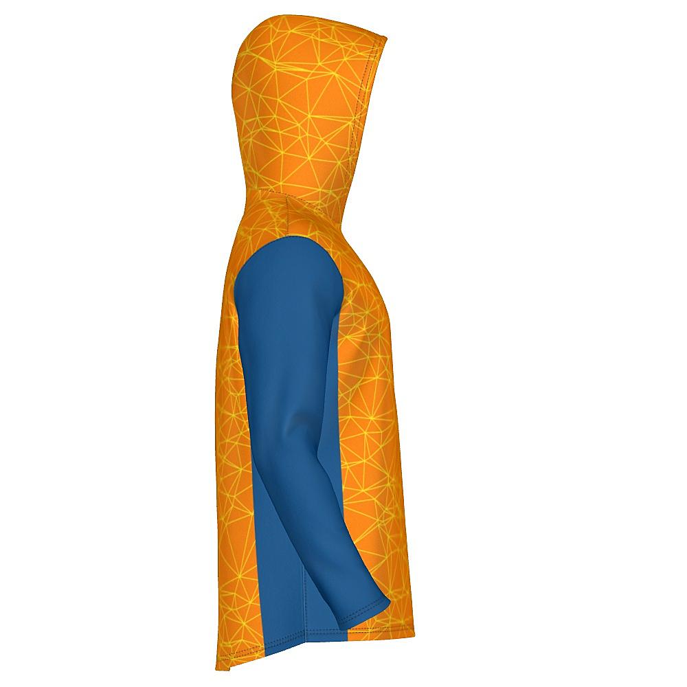Orange hoodie with yellow geometric design and blue accents on a white background