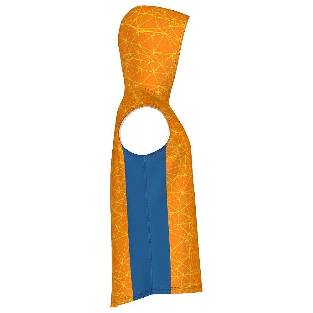 Orange sleeveless hoodie with yellow geometric design and blue accents on a white background