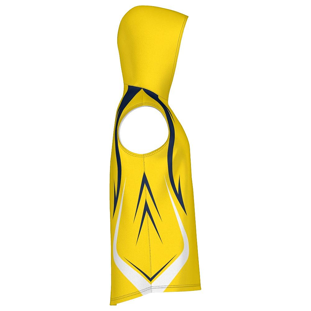 Yellow sleeveless hoodie with navy and white accents on a white background
