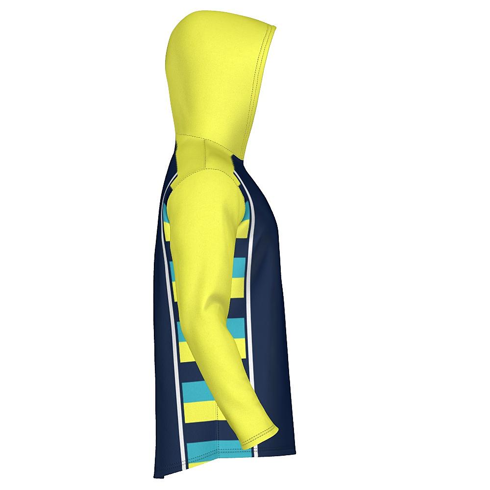 Navy hoodie with yellow sleeves and striped side panels on a white background