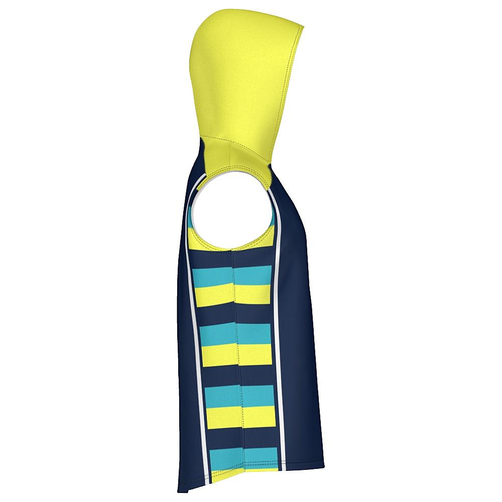 Navy sleeveless hoodie with yellow hood and striped side panels on a white background