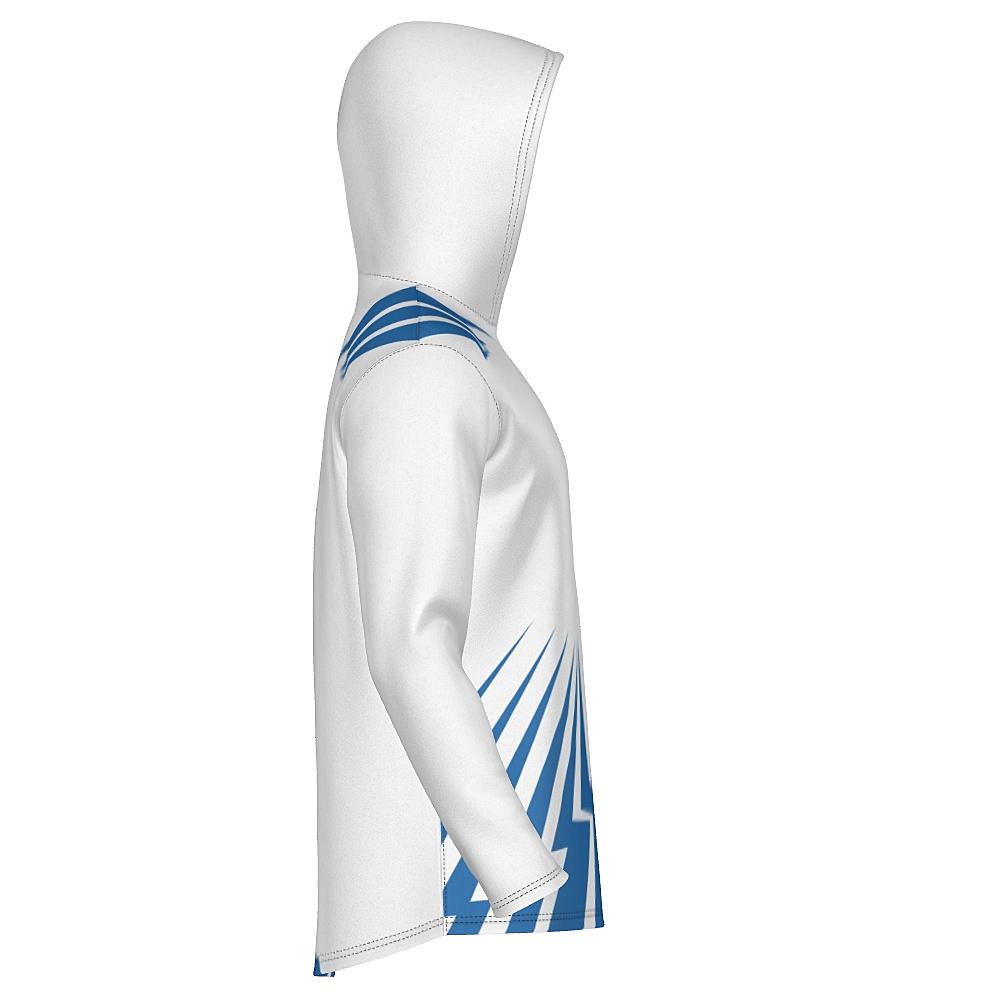 White hoodie with blue bolt-shaped accents on a white background