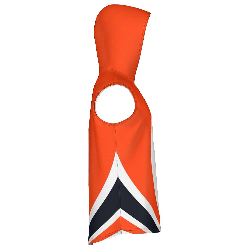 White sleeveless hoodie with black and orange curved stripes on a white background