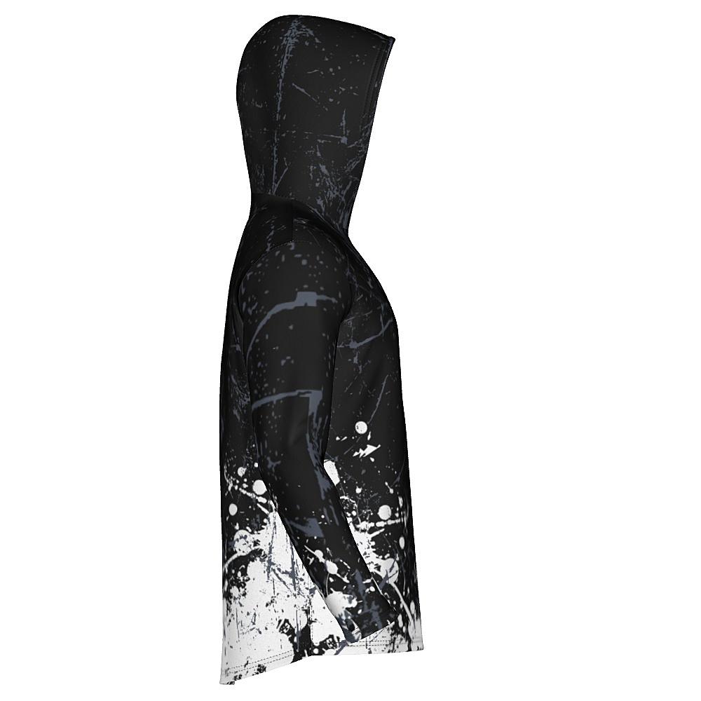 Black hoodie with white and grey distressed design on a white background