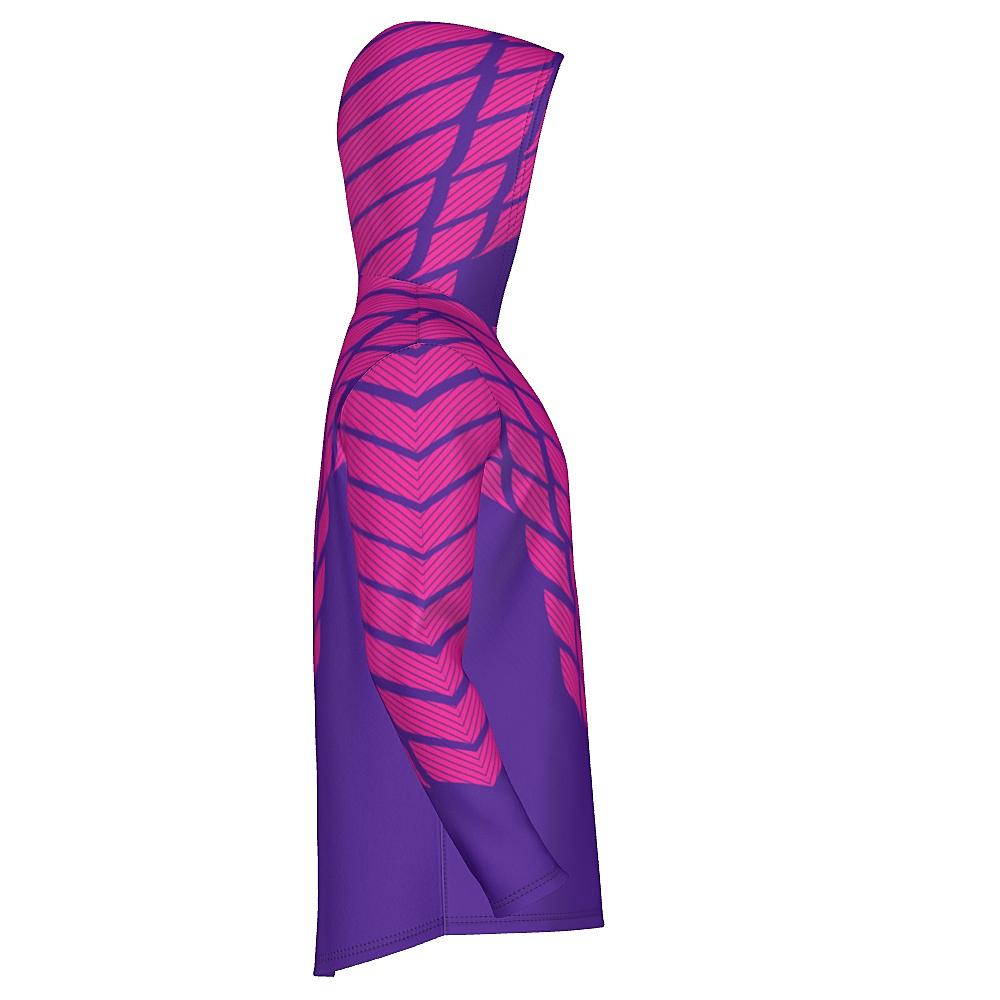 Pink and purple hoodie with striped design on a white background