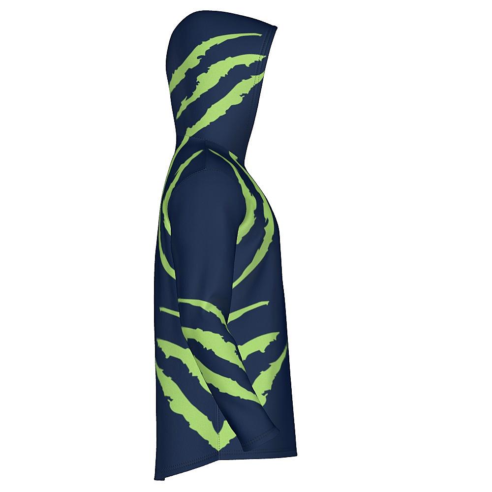 Blue hoodie with green accents on a white background