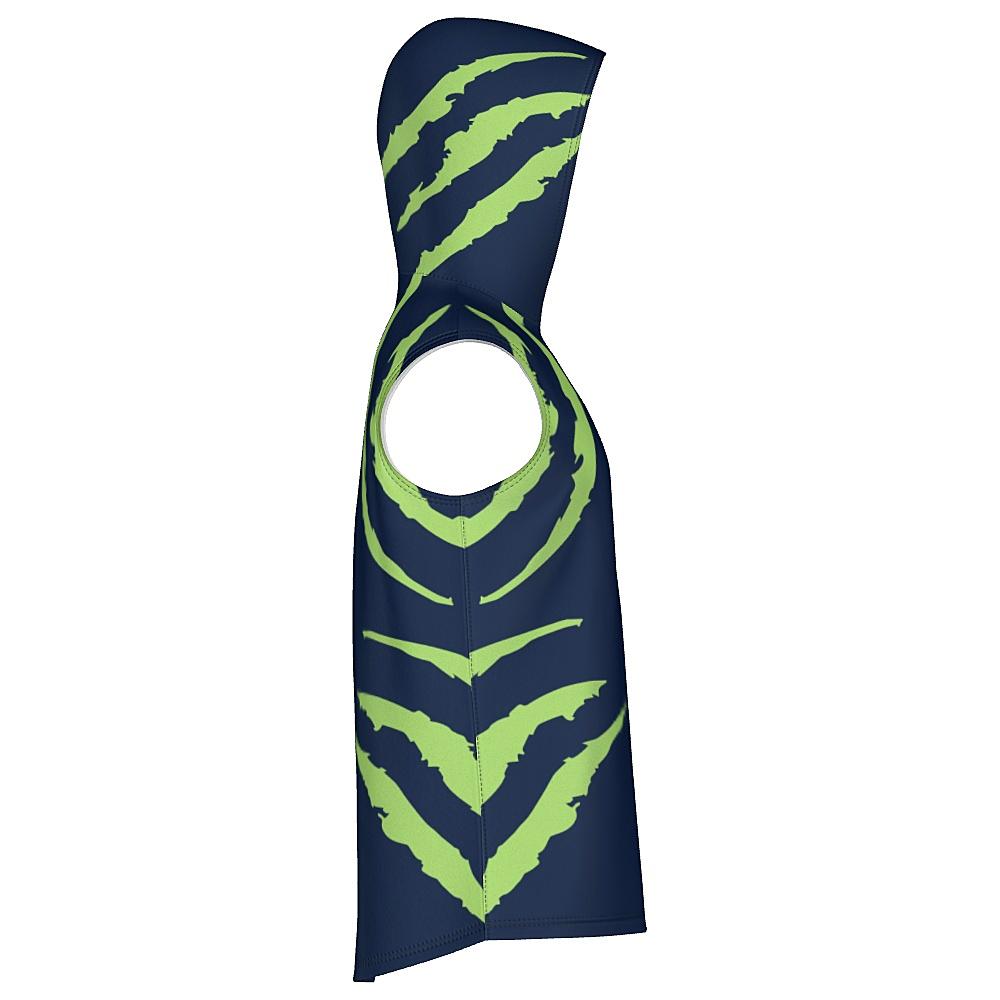 Blue sleeveless hoodie with green accents on a white background