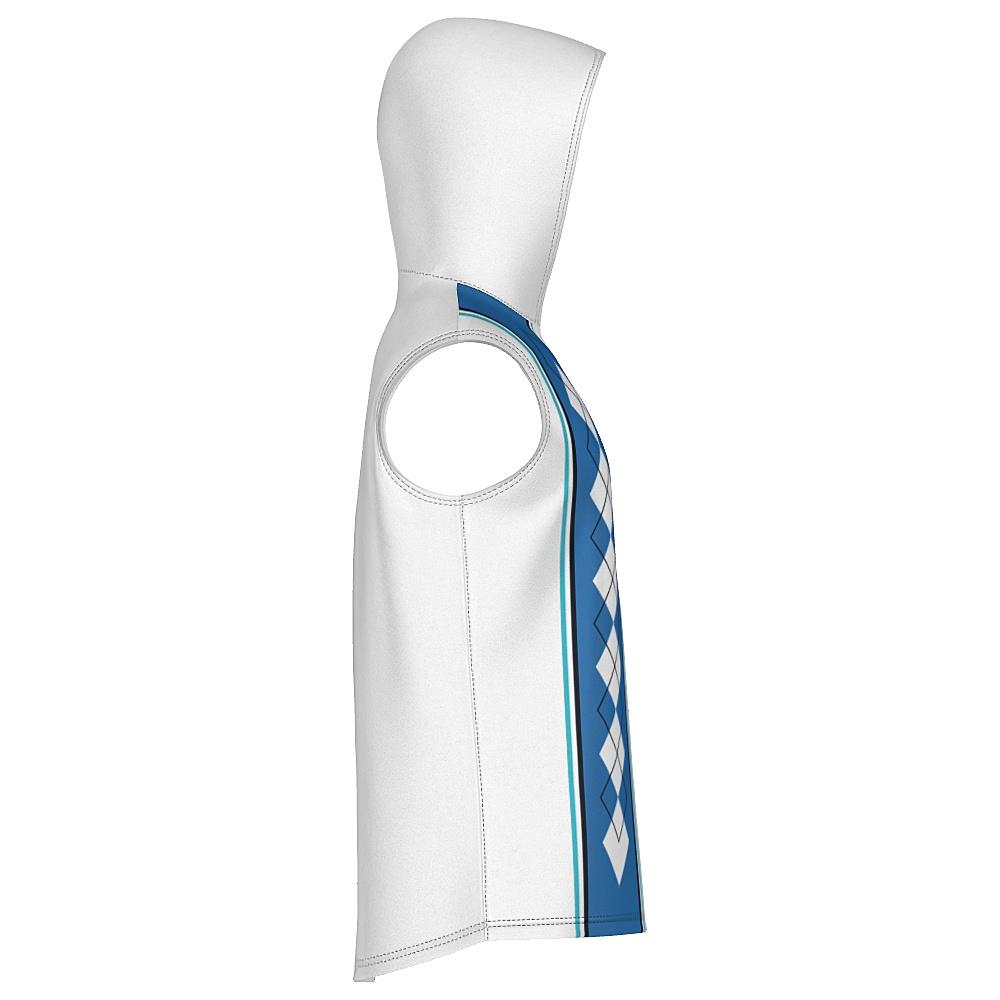 White sleeveless hoodie with blue argyle design on a white background