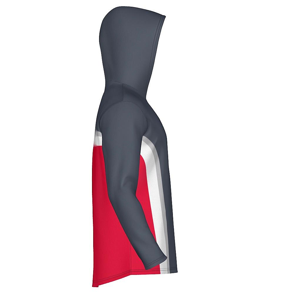 Grey hoodie with white and red accents on a white background
