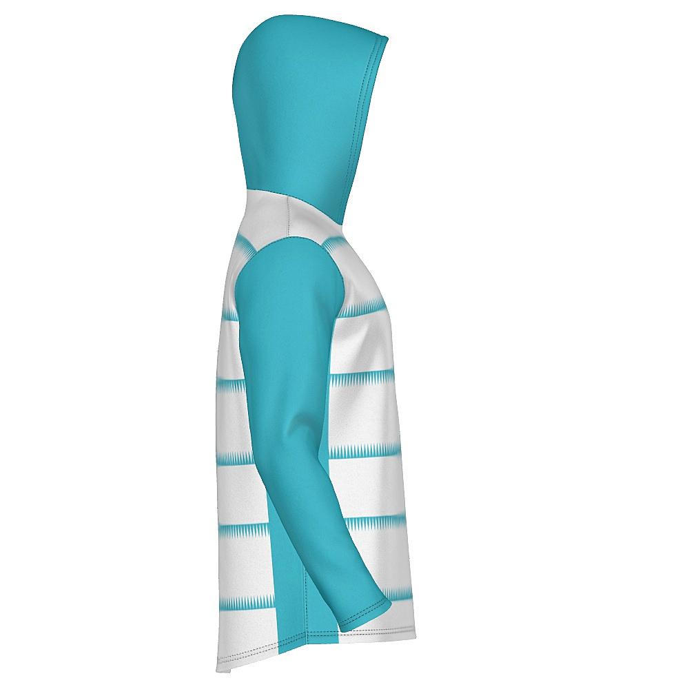 White hoodie with teal sleeves, hood and sawtooth stripes