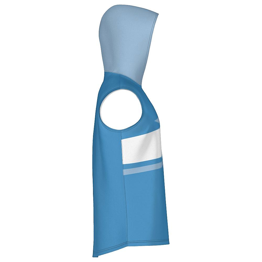 Blue sleeveless hoodie with contrasting hood and white horizontal stripe on a white background