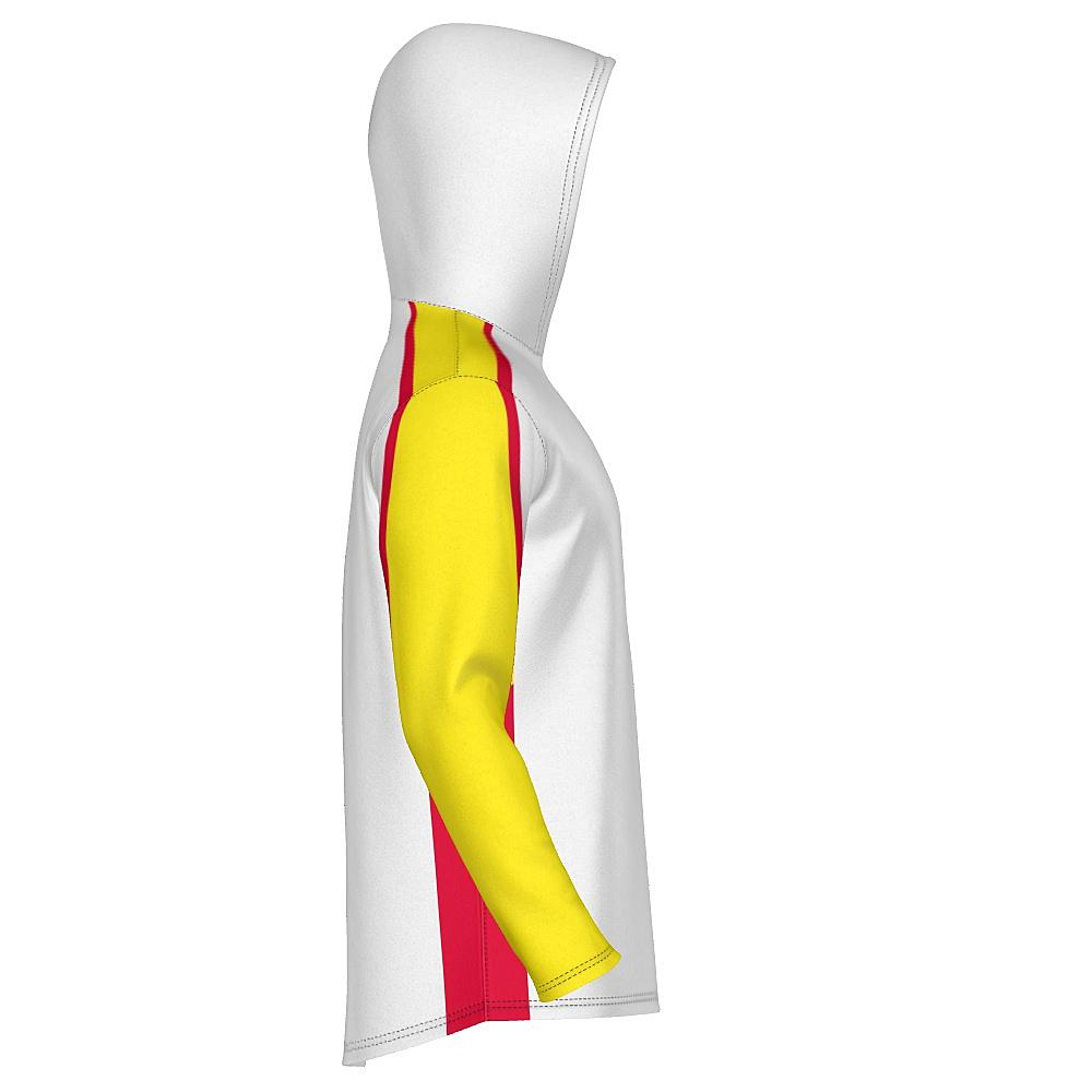 White hoodie with yellow and red accents on a white background