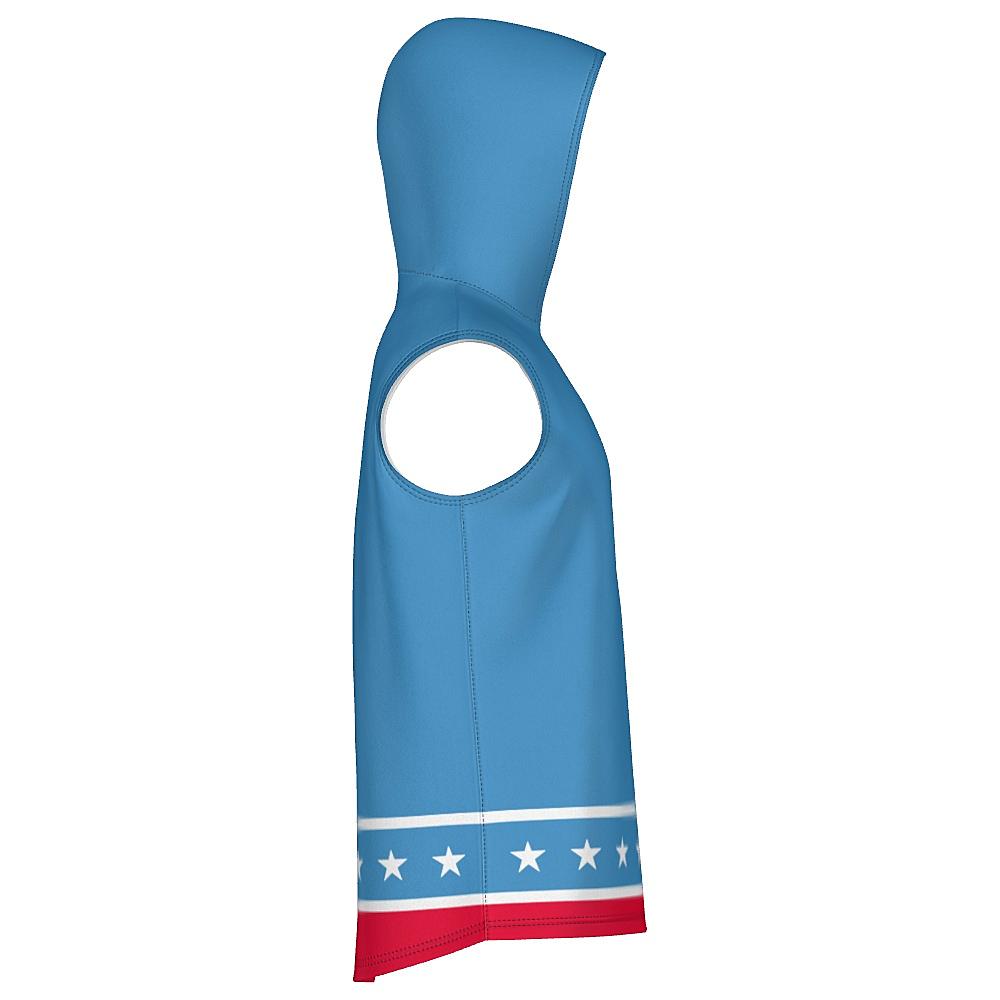 Blue sleeveless hoodie with white stars and red stripes on a white background