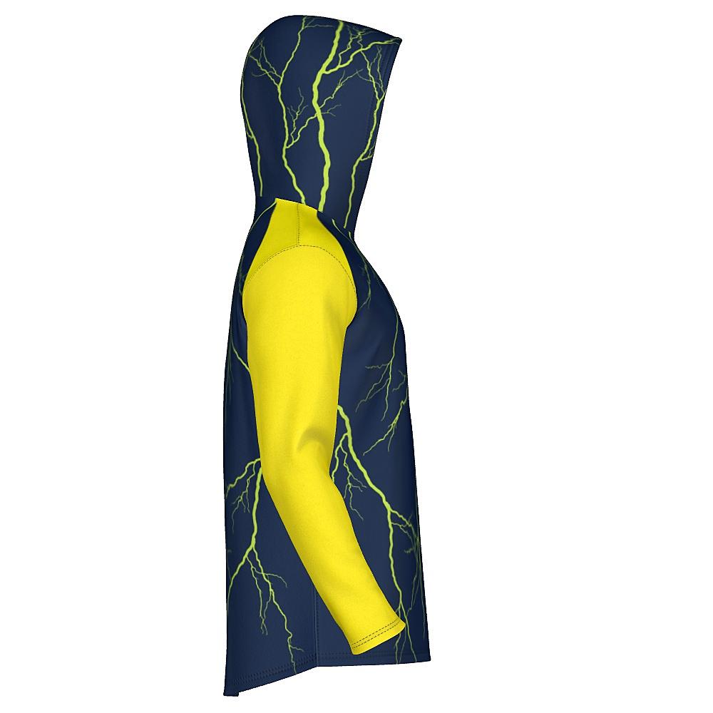 Navy hoodie with yellow sleeves and lightning design on a white background
