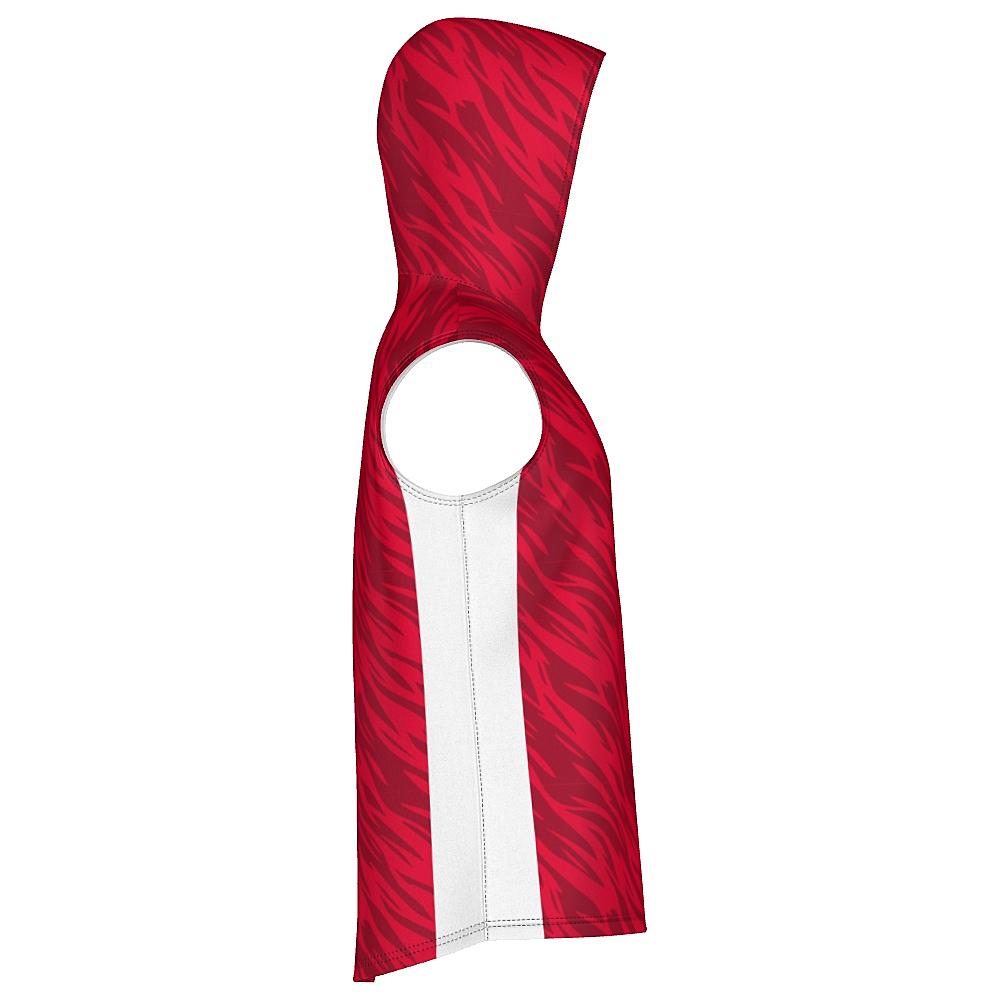 Red sleeveless hoodie with wavy design and white accents on a white background