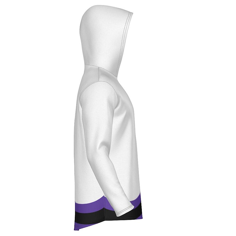 White hoodie with black and purple accents on a white background