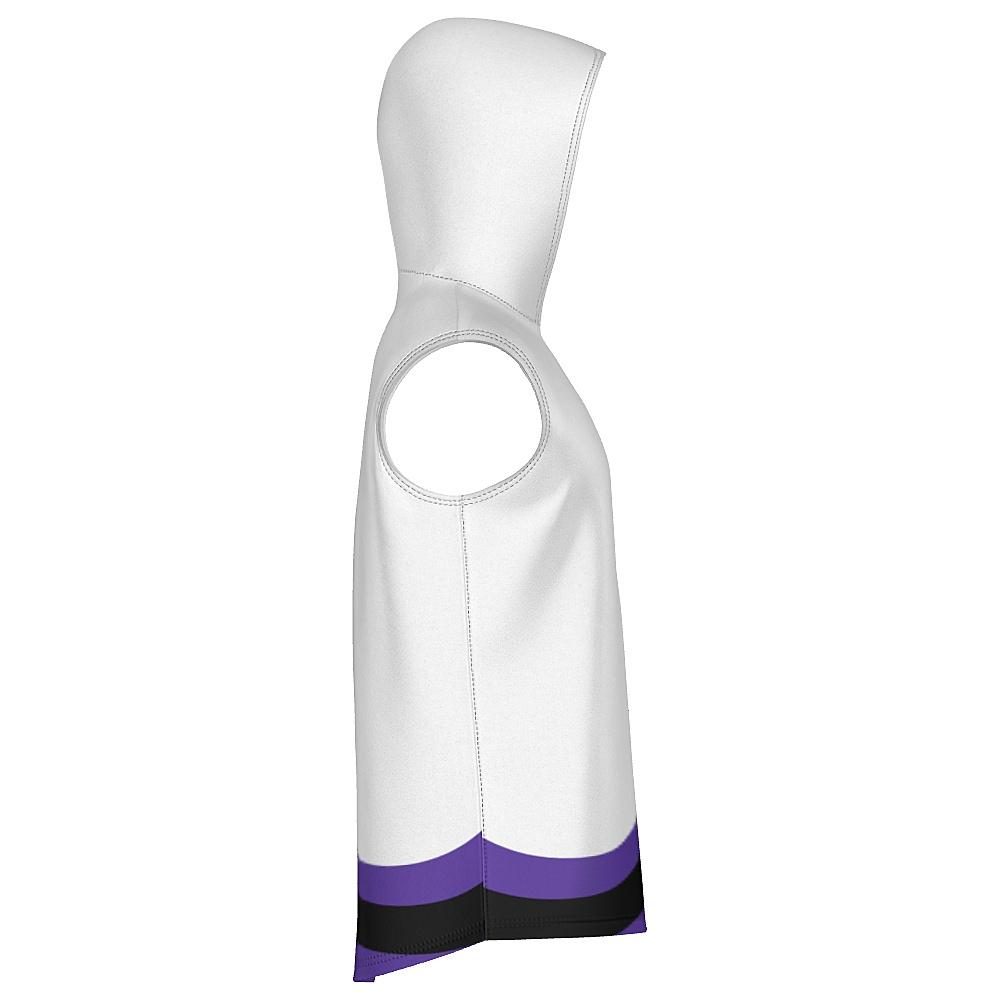 White sleeveless hoodie with black and purple accents on a white background