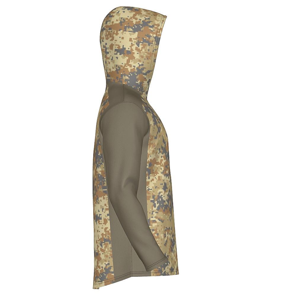 Earth-tone hoodie with digital camo design on a white background