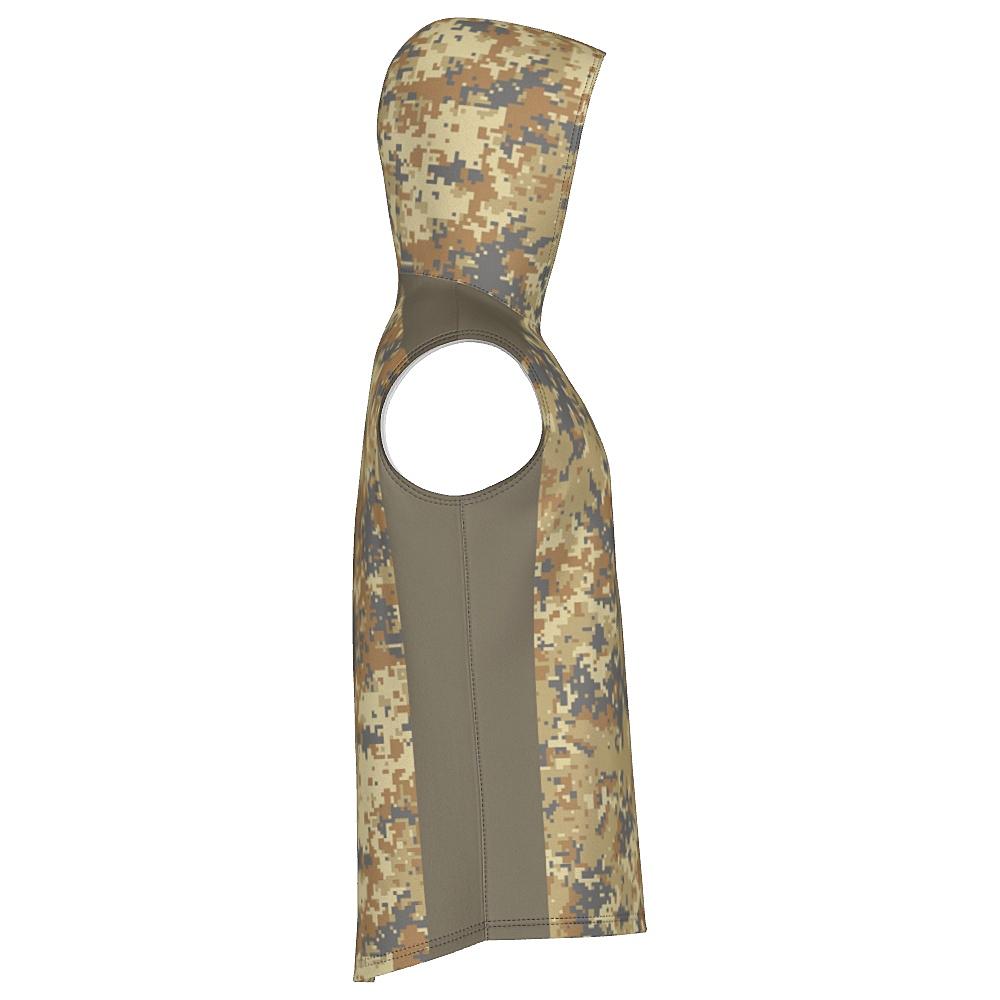 Earth-tone sleeveless hoodie with digital camo design on a white background