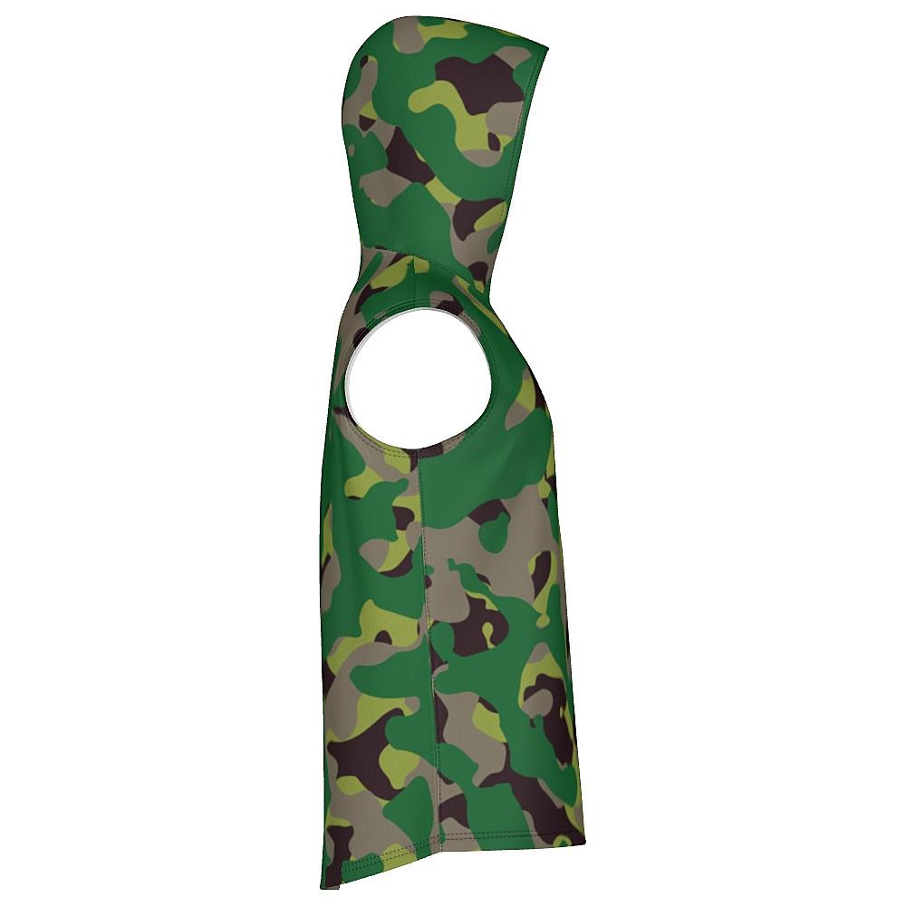 Sleeveless hoodie with green camouflage design on a white background