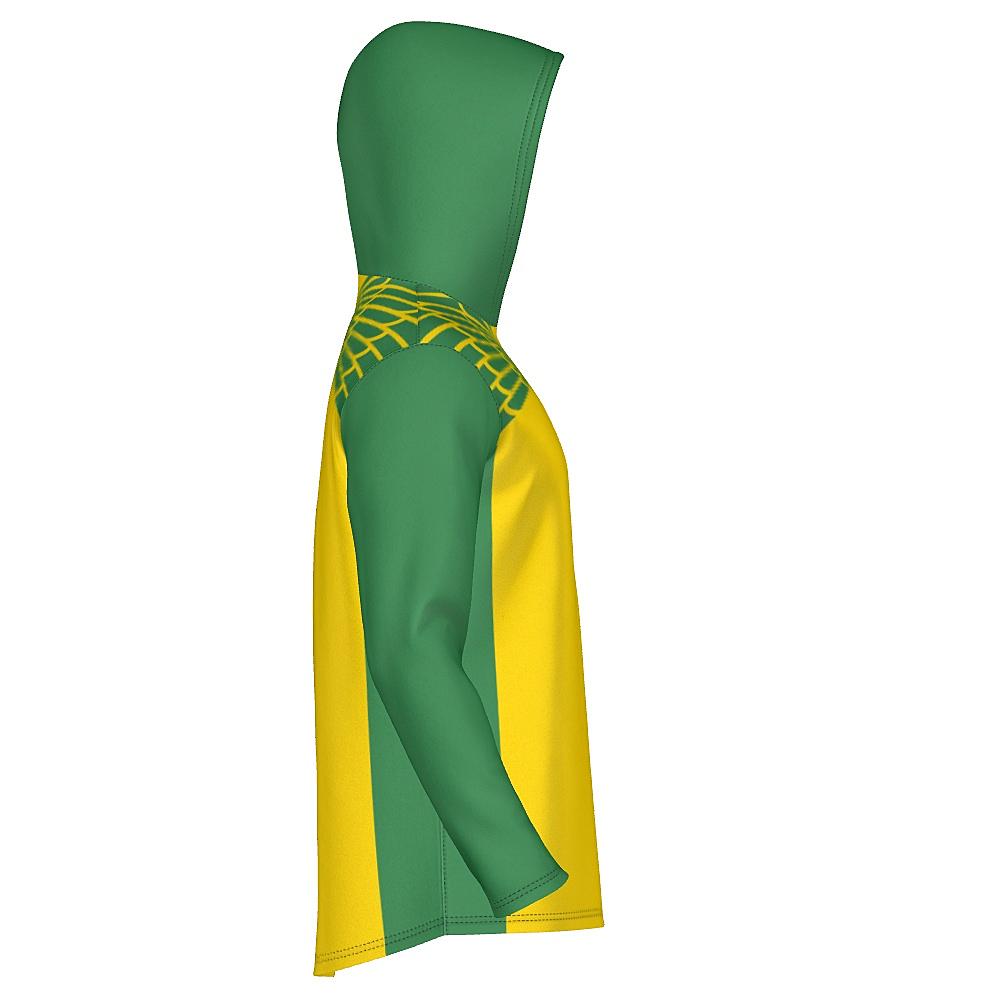Yellow and green hoodie with feather design on upper chest and back