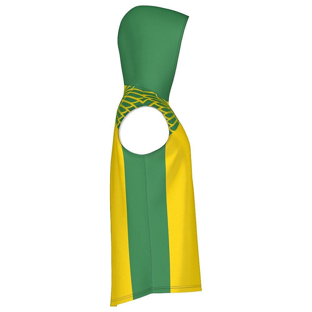 Yellow and green sleeveless hoodie with feather design on upper chest and back
