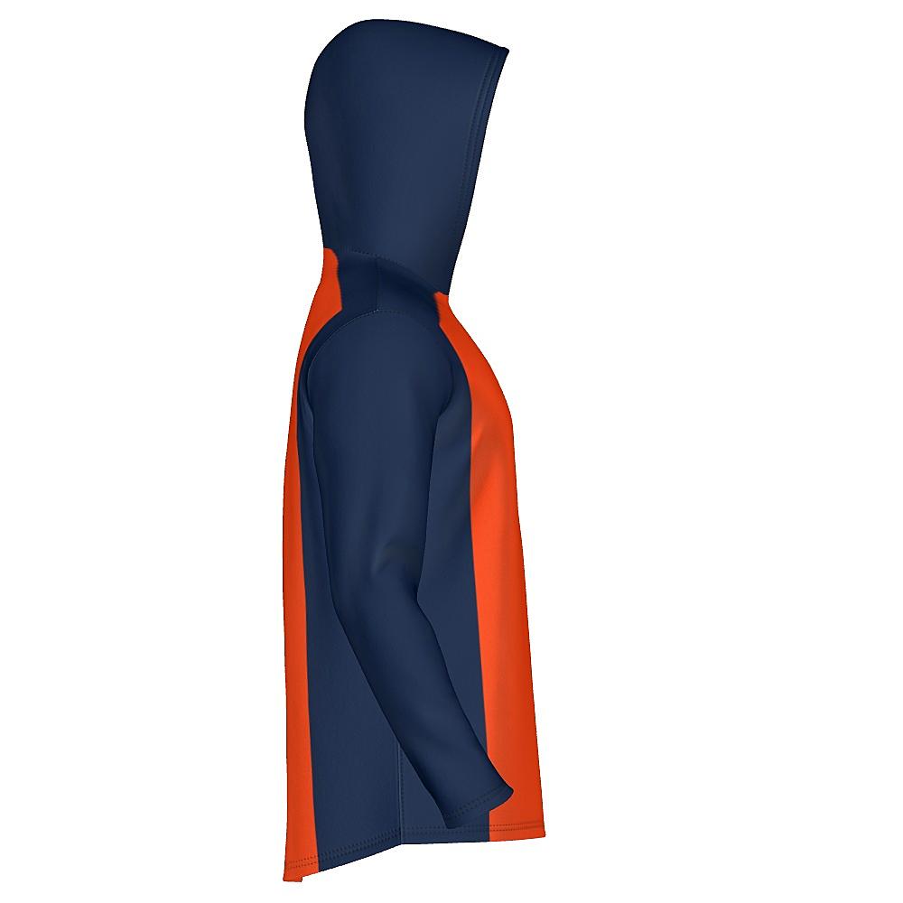 Orange hoodie with navy sides, sleeves and hood on a white background