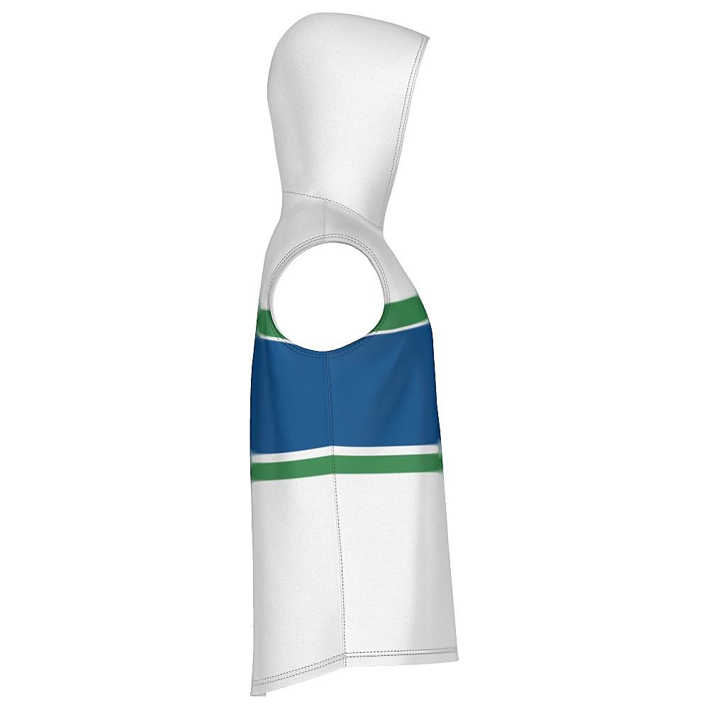 White, blue and green sleeveless hoodie on a white background