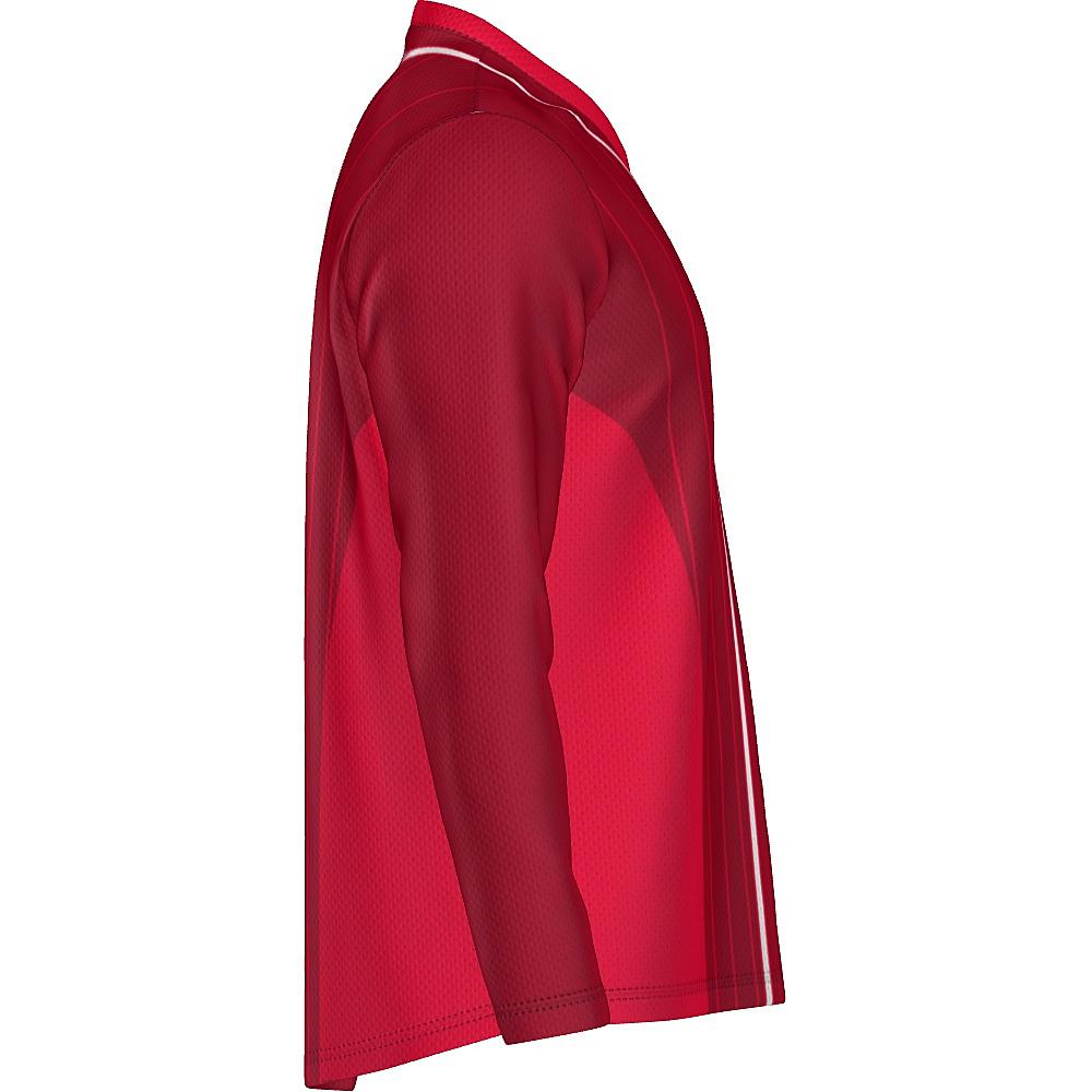 Red long-sleeve shirt with pinstripe design on a white background