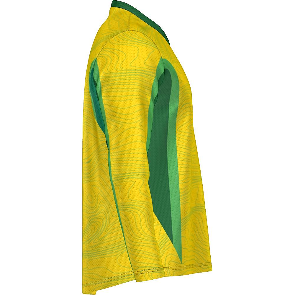 Yellow long-sleeve shirt with topography design and green accents on a white background