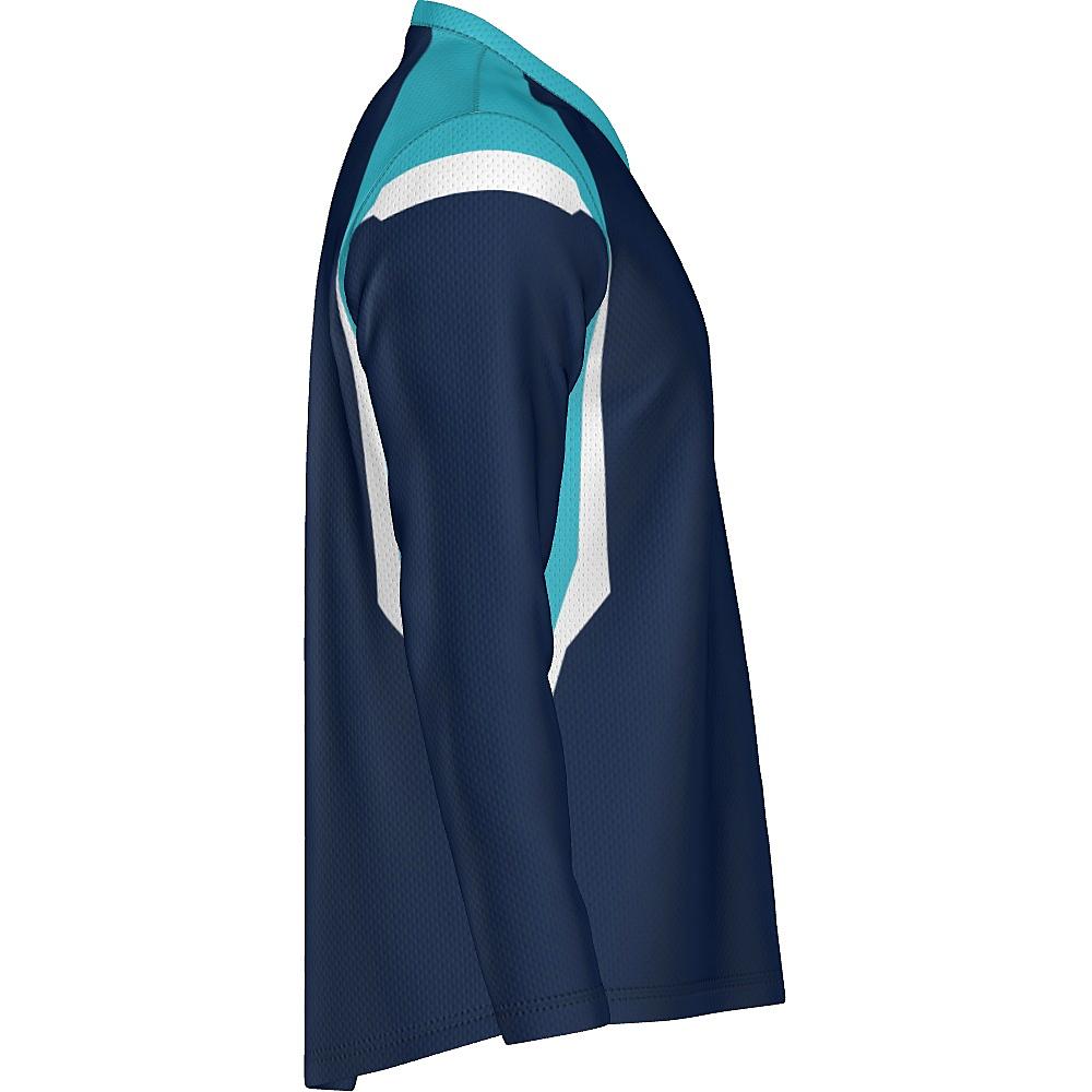 Navy long-sleeve shirt with light blue and white accents on a white background