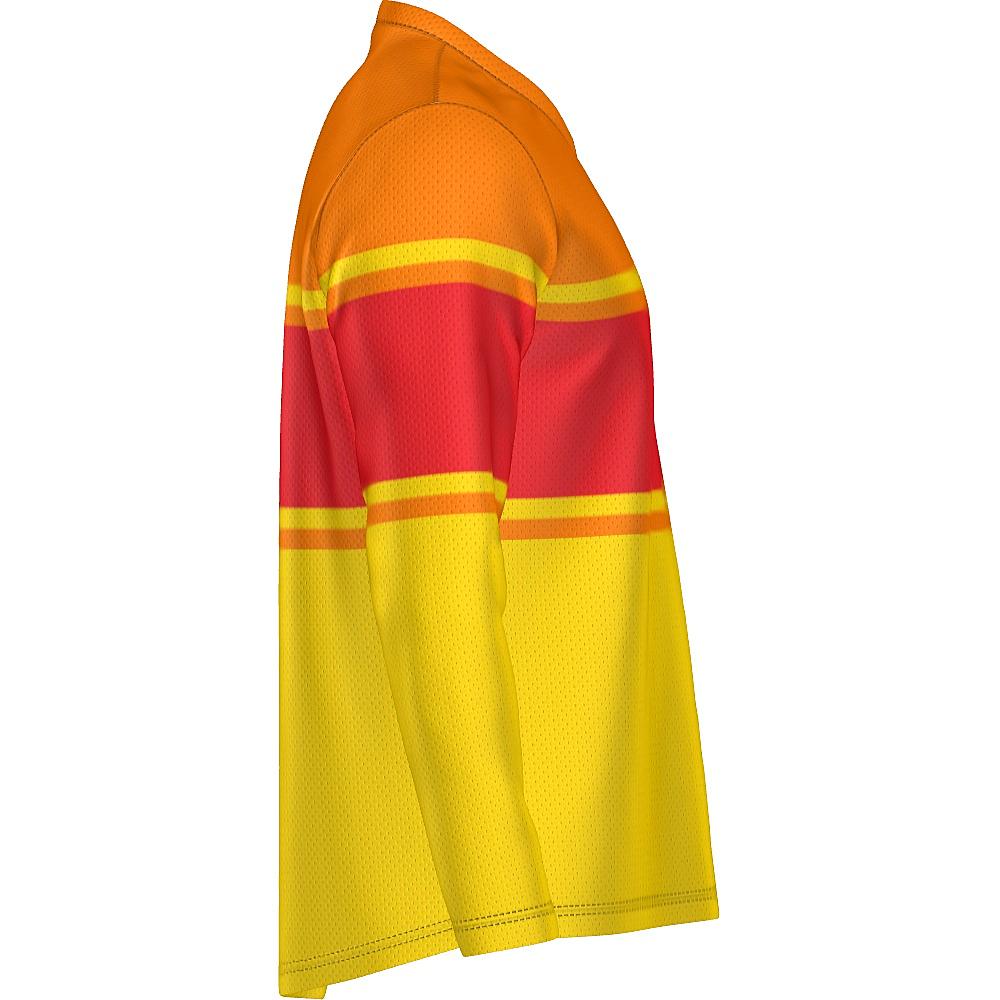 Red, orange and yellow long-sleeve shirt on a white background