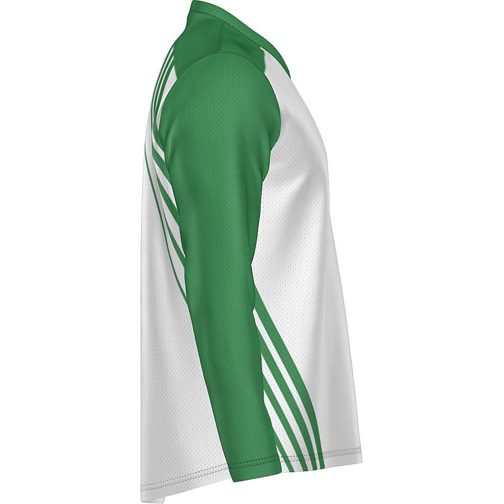 White long-sleeve shirt with green accents on a white background