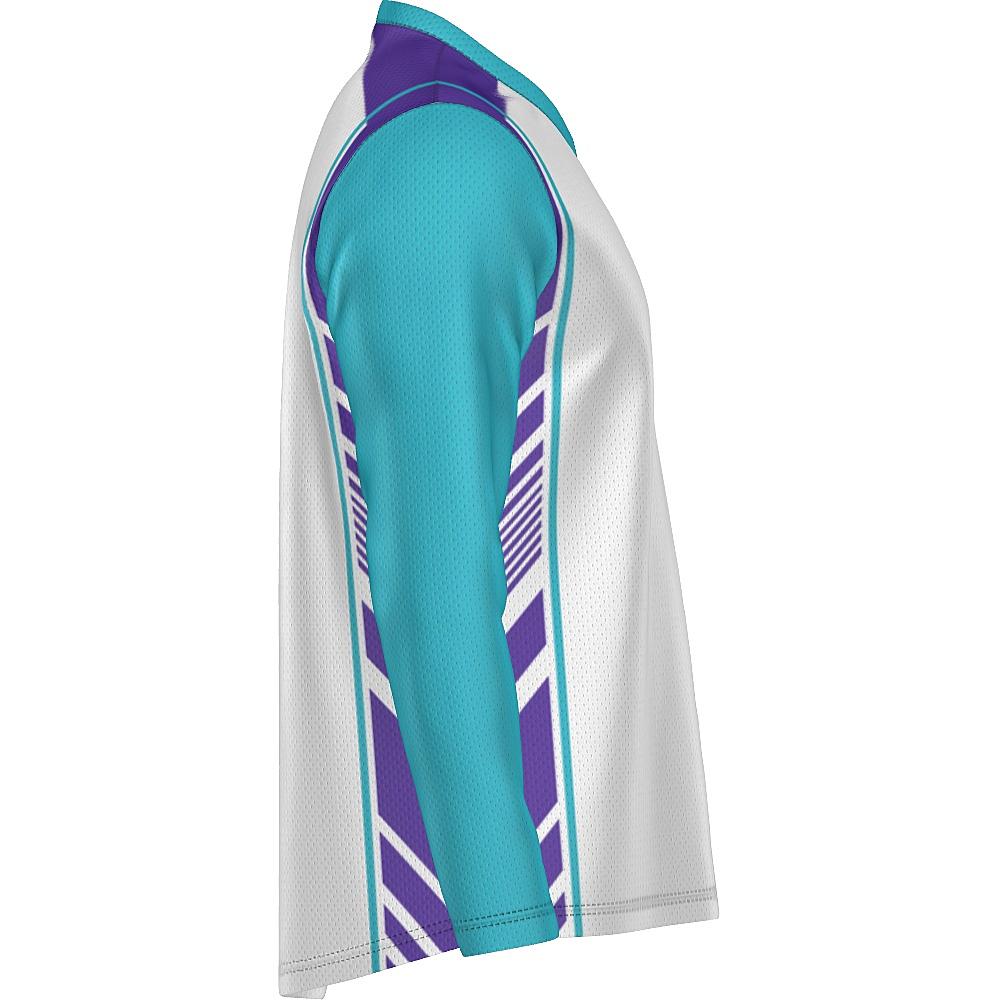 White long-sleeve shirt with teal and purple accents on a white background