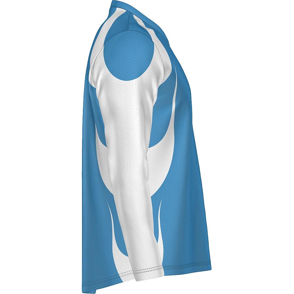 Blue long-sleeve shirt with white accents on a white background